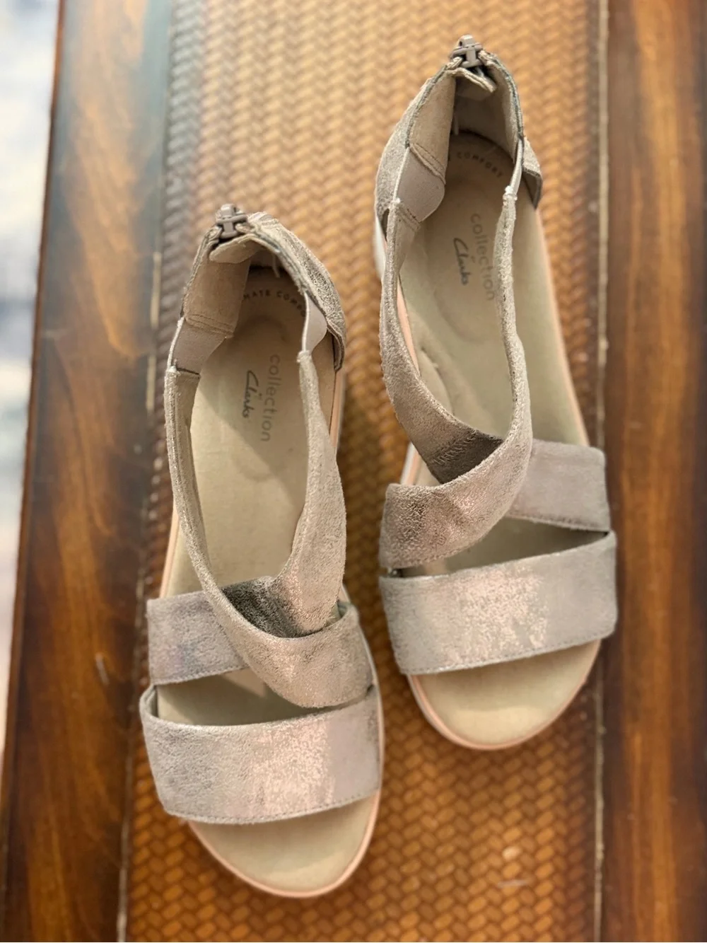 Clarks Shimmery Taupe Cross-Strap Wedge Sandals